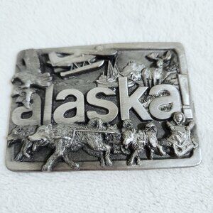 Alaska Belt Buckle 1984 Silver Tone Fishing Eagles Air Plane Deer Dog Sled